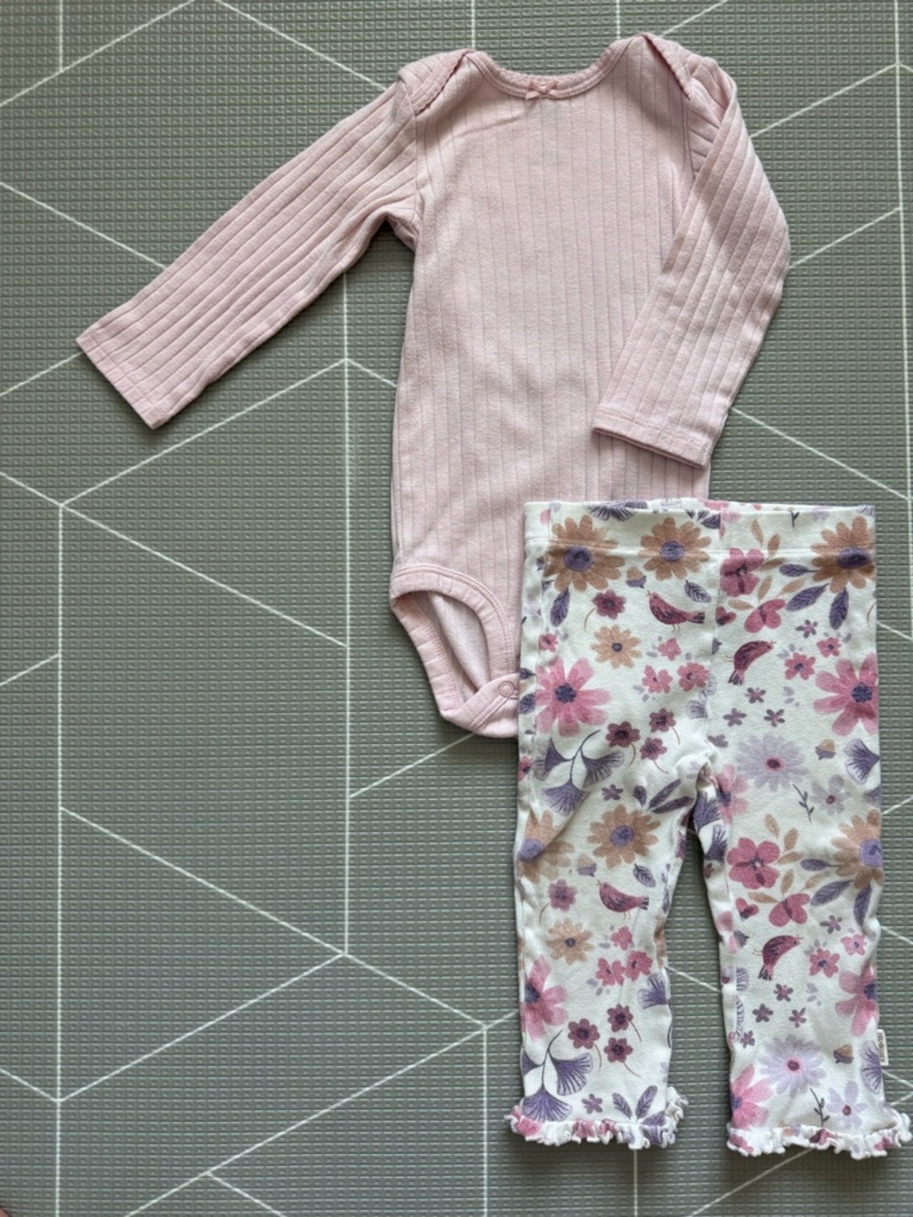 Carters|Baby girl set,Pink Ribbed Long-Sleeve Bodysuit & Floral ruffle flares•